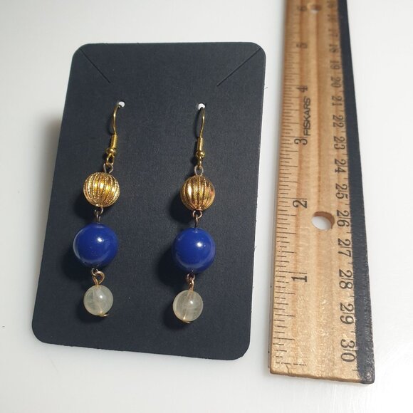 Blue Bead Dangle Earrings Hook Handmade Daily Casual Mom Gift Elegant Design - Picture 3 of 4
